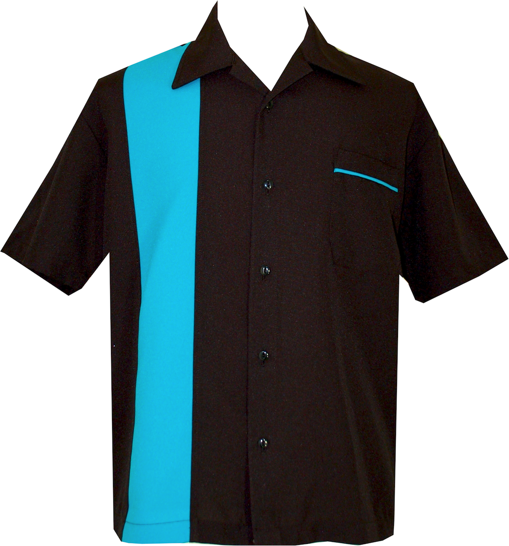 Retro Bowling Buttoned Jersey Turquoise/Black Vertical Stripes Many sizes 