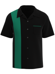 Men's Black & Green Bowling Shirt - Retro Panel, Chest Pocket, Polyester