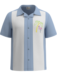 Retro Flamingo - Embroidered Tropical Men Bowling Shirt for Summer