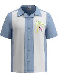 Men's blue and white Flamingo Key vintage bowling shirt with embroidered flamingo and palm tree