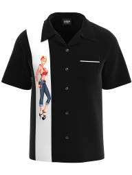 Front view of the Men's Hot Rod Pin-Up shirt showing the classic 1950s camp collar, white racing panel, and premium USA-made construction.