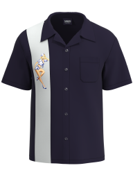 Front view of the Sailor's Delight Navy Pin-Up Bowling Shirt featuring a classic 1950s navy camp collar and custom anchor-style buttons, Made in USA.