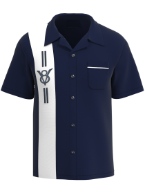 Men's Navy V8 Racing Stripe Hot Rod Shirt - Soft Polyester, Machine Washable
