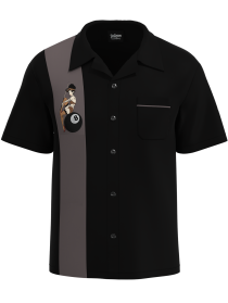 Front view of the Charcoal Panel Pin-Up shirt in grey and black, featuring a 1950s camp collar and USA-made professional bowling shirt fit.