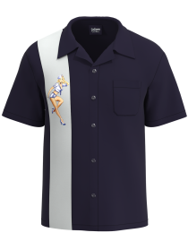 Front view of the Sailor's Delight Navy Pin-Up Bowling Shirt featuring a classic 1950s navy camp collar and custom anchor-style buttons, Made in USA.