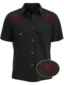 Mens Black Skull Rose Embroidered Western Rockabilly Shirt