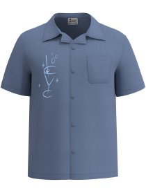 Men's Smoke Blue Cuban Collar Shirt with Embroidered Martini Design