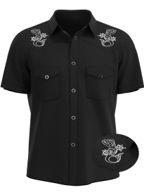 Mens Black Skull Rose Embroidered Western Rockabilly Shirt