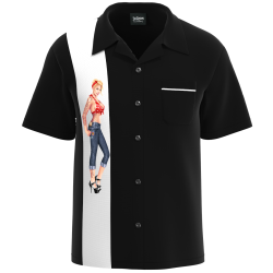 Front view of the Men's Hot Rod Pin-Up shirt showing the classic 1950s camp collar, white racing panel, and premium USA-made construction.