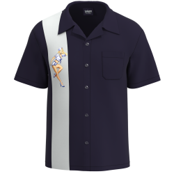 Front view of the Sailor's Delight Navy Pin-Up Bowling Shirt featuring a classic 1950s navy camp collar and custom anchor-style buttons, Made in USA.