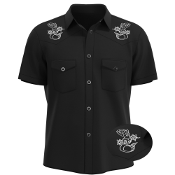Mens Black Skull Rose Embroidered Western Rockabilly Shirt