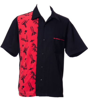 Mens Black with Red RockShip Print Retro Shirt