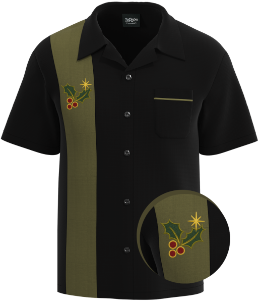 “Retro Mistletoe” – Embroidered Men’s Designer Christmas Bowling Shirt