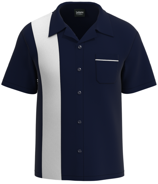Navy & White Retro Bowling Shirt: Timeless Style for the Lanes