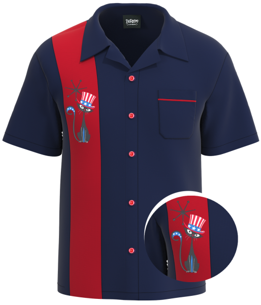 "Uncle Whiskers" Patrotic Atomic Cat Bowling Shirt ~ Premium Design