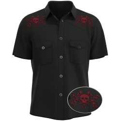 The Mystery Train :  Mens black rockabilly shirt with skull and rose tattoo embroidery