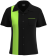 Women's corporate team bowling shirt in black with a neon lime green racing stripe and pocket trim, designed for matching mens and womens league uniform
