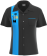 Short-sleeved women's bowling shirt with a turquoise vertical stripe and stylized atomic cat embroidery; a perfect 1950s classic retro look for teams or casual wear