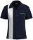 Personalizable 1950s style women's bowling shirt in navy blue with white trim, featuring a blank chest area and back panel for bespoke team printing.