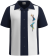Short-sleeved navy and white panel shirt with a retro notched camp collar and silver-blue atomic starburst embroidery; a premium vintage-style button-down.