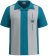Retro teal bowling shirt with silver accents and 1950s atomic starburst embroidery; a classic button-down lounge shirt for vintage enthusiasts