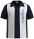 Classic navy blue and white 1950s style bowling shirt with embroidered detailing on the white panel, channeling the iconic look of Tony Soprano.