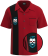 Mens red and black retro bowling shirt featuring a bearded skull with blue hair and heart eyes.