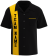 Men's customizable retro bowling shirt in black with gold side panel featuring vertical "TEAM NAME" text, chest pocket with gold trim, and button front – available in multiple colors
