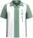 Classic sage green and white Cuban collar lounge bowling shirt with retro geometric embroidery on the chest, inspired by Charlie Sheen’s iconic TV style
