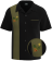 Men's black bowling shirt featuring a vertical olive green racing stripe with embroidered mistletoe, red berries, and a gold star; perfect for holiday celebrations