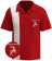 Red and white Christmas bowling shirt with embroidered white reindeer on the pocket