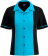 Women's customizable teal and black bowling jersey designed for team embroidery and printing, featuring a classic button-down front and contrast sleeves