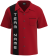 Custom red and black retro bowling shirt with vertical team name personalized on the black stripe
