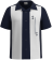 Short-sleeved navy blue bowling shirt with white contrast panels and professional silver embroidery, tailored for a classic 1950s or 1960s retro look