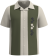 Men's stone and olive green retro bowling shirt with vertical striped panels and geometric embroidery, inspired by the iconic 1950s style of Soprano's James Gandolfini