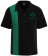 Black lucky bowling shirt with a vertical emerald green racing stripe and an embroidered green shamrock above the chest pocket.