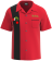 Red and black Christmas bowling shirt with green hand holding an ornament and Humbug embroidery
