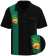 Black novelty bowling shirt with a green racing stripe, featuring a tough leprechaun smoking a cigar and an embroidered shamrock on the pocket.