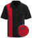 Short-sleeved black button-down bowling shirt with red contrast panel and professional martini embroidery; a sharp 1950s-style