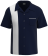 Classic men's navy blue retro bowling shirt with a vertical white racing stripe, chest pocket, and button-down front.