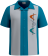 Short-sleeved teal and white bowling shirt with vintage boomerang embroidery; a 100% polyester breathable Florida summer shirt with a classic camp collar