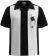 Classic black and white two-panel bowling shirt inspired by Don Draper and Mad Men, featuring a vintage 1960s button-down design and retro notched collar.