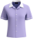 Short-sleeved women's bowling apparel in a light purple lilac shade with high-contrast white accents and a retro tailored fit