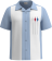 Retro red button-down bowling shirt with a white contrast panel and classic Americana-themed embroidery; a sharp 1950s style leisure shirt.