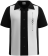 Premium black and white dress bowling shirt for men with a vertical white racing panel and intricate geometric embroidery; a sharp 1950s-style button-down