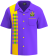 Purple Mardi Gras retro bowling shirt with yellow harlequin diamond side panel, festive mask embroidery, and yellow buttons – customizable design