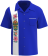 Royal blue Hawaiian Tiki bowling shirt with white side panel, colorful tiki mask and hibiscus flower design, chest pocket with white trim – fully customizable