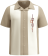 Men's tan vintage style bowling shirt with Guayabera vertical embroidery