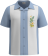 The Oahu Mid-Century Retro Hawaiian Bowling Shirt by Lucky Paradise, featuring a sky blue and white panel design with high-end embroidered tropical floral details