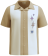 Lucky Paradise Cuban style bowling shirt in vintage tan and cream with atomic starburst embroidery.
